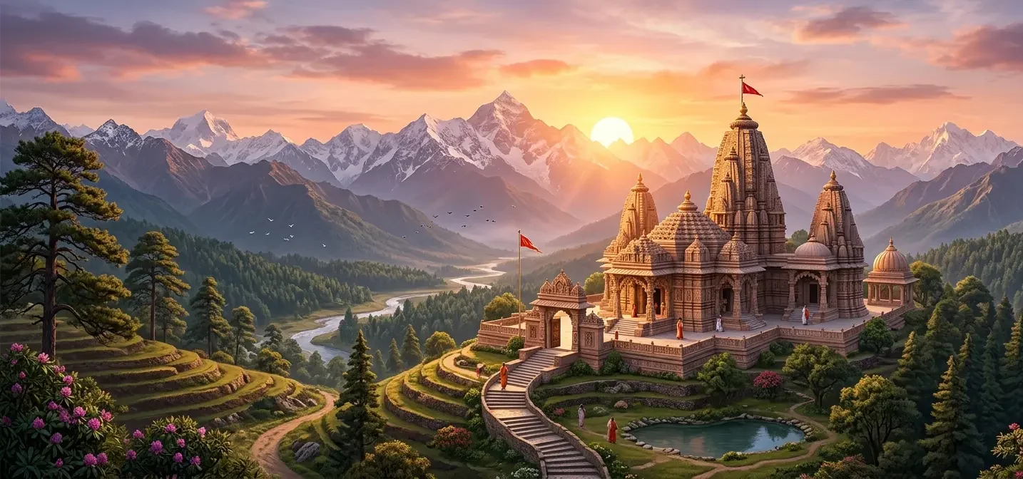 Scenic wide-angle banner of a majestic carved Hindu temple in a mountain valley with a rising sun and flowing river.