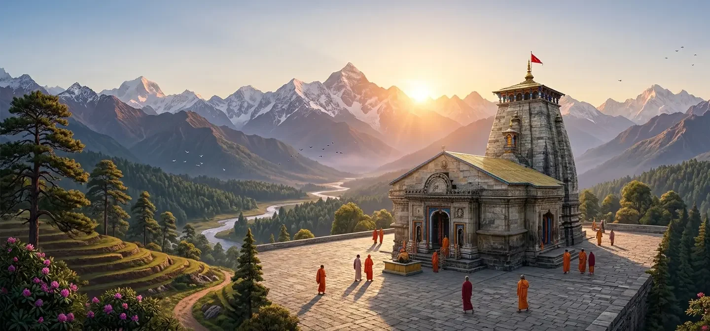 Serene wide banner showing the stone architecture of Kedarnath Temple set against towering snowy peaks and a bright morning sun.