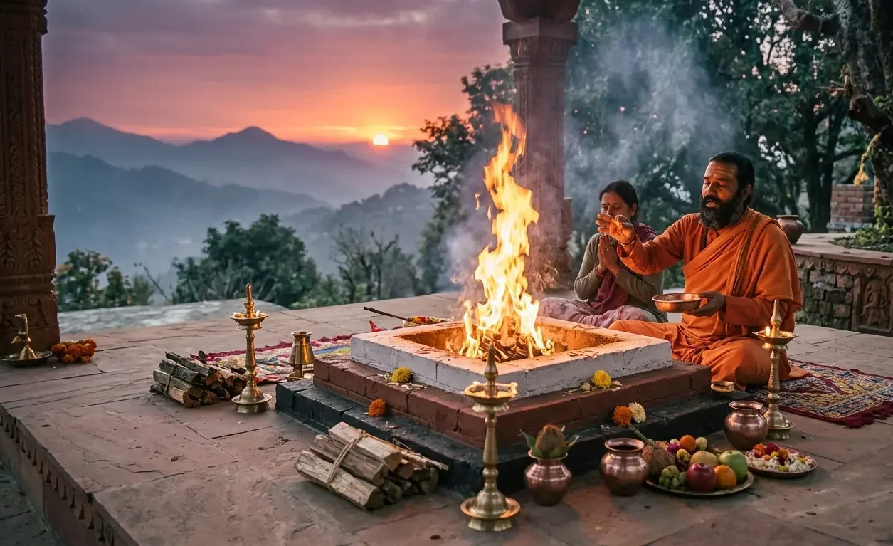A detailed, wide-angle photograph capturing a traditional Hindu Yajna (fire ritual) being performed at sunrise on an open-air sandstone platform in the foothills of the Himalayas.
